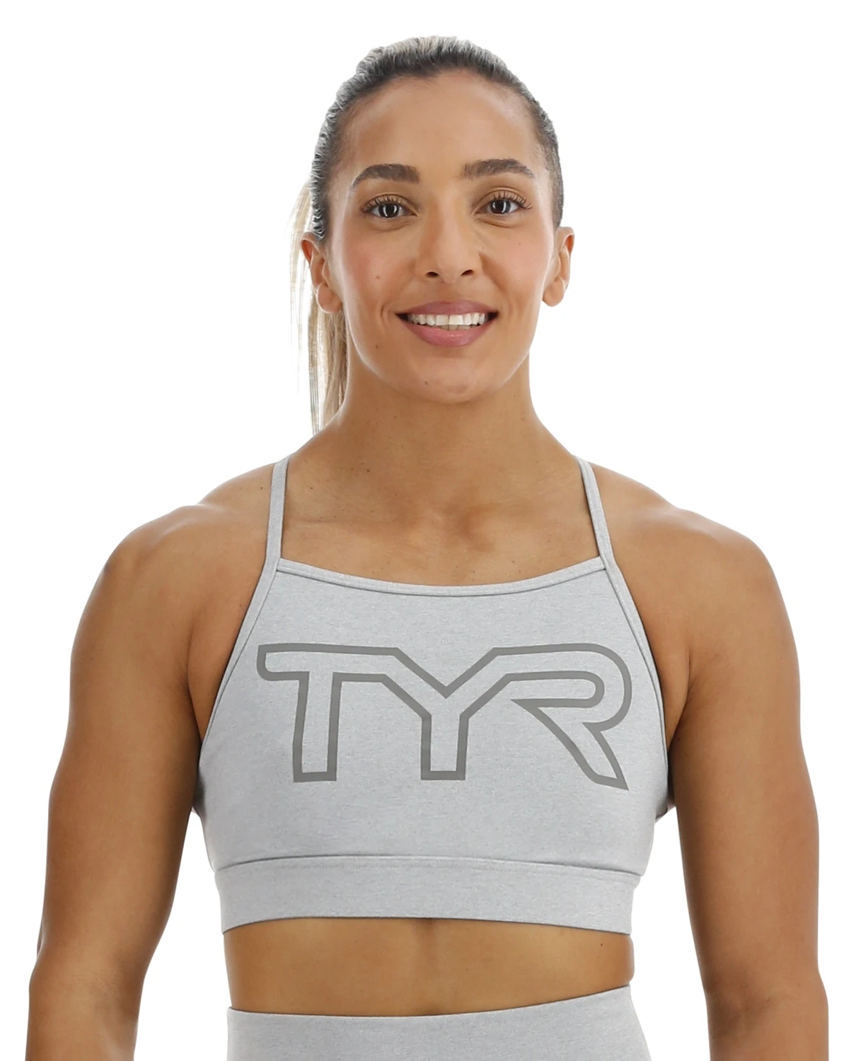 TYR Base Kinetic™ Women's High Neck Big Logo Sports Bra - Heather 1 TYR Base Kinetic™ Women's High Neck Big Logo Sports Bra - Heather